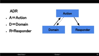 <date/time> <footer> 18
ADR
● A＝Action
● D＝Domain
● R=Responder
Action 
Domain  Responder 
 