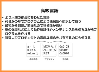 ⾼級⾔語
より⼈間の都合にあわせた⾔語
何らかの形でプログラムにより機械語へ翻訳して使う
最初から翻訳が前提なので移植性が⾼い
型の保護などにより動作検証性やメンテナンス性を保ちながらプ
ログラムを作れる
複数⼈でプロジェクトの⾼度な概念を共有するのにも使える
 