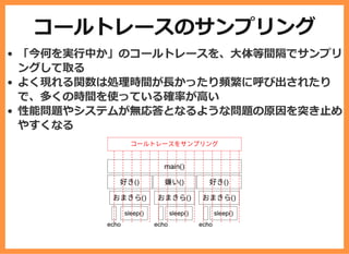 コールトレースのサンプリング
「今何を実⾏中か」のコールトレースを、⼤体等間隔でサンプリ
ングして取る
よく現れる関数は処理時間が⻑かったり頻繁に呼び出されたり
で、多くの時間を使っている確率が⾼い
性能問題やシステムが無応答となるような問題の原因を突き⽌め
やすくなる
 