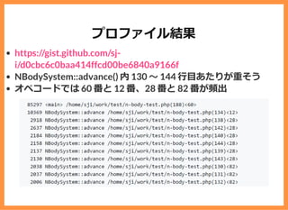 プロファイル結果
NBodySystem::advance() 内 130 〜 144 ⾏⽬あたりが重そう
オペコードでは 60 番と 12 番、28 番と 82 番が頻出
https://gist.github.com/sj-
i/d0cbc6c0baa414ffcd00be6840a9166f
 