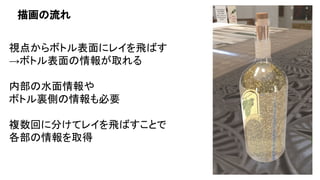描画の流れ
視点からボトル表面にレイを飛ばす
→ボトル表面の情報が取れる
内部の水面情報や
ボトル裏側の情報も必要
複数回に分けてレイを飛ばすことで
各部の情報を取得
 