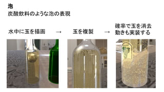 泡
水中に玉を描画 玉を複製
→ →
確率で玉を消去
動きも実装する
炭酸飲料のような泡の表現
 