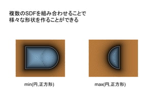 複数のSDFを組み合わせることで
様々な形状を作ることができる
min(円,正方形) max(円,正方形)
 