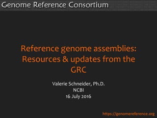 Reference genome assemblies:
Resources & updates from the
GRC
Valerie Schneider, Ph.D.
NCBI
16 July 2016
https://genomereference.org
 