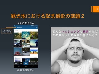 観光地における記念撮影の課題２
6
どんなハッシュタグで検索すれば
このスポットの写真が見つかる？
検索する
ハッシュタグ
インスタグラム
写真を検索する
 