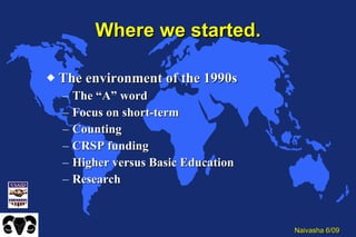 Where we started. The environment of the 1990s The “A” word Focus on short-term Counting CRSP funding Higher versus Basic Education Research 