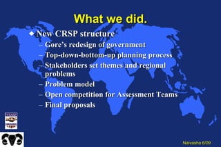 What we did. New CRSP structure Gore’s redesign of government Top-down-bottom-up planning process Stakeholders set themes and regional problems Problem model Open competition for Assessment Teams Final proposals  