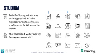 Dr. Anja Pilz - Tag der Mathematik, RheinAhrCampus. 25.10.24
Studium
Erste Berührung mit Machine
Learning (speziell NLP) im
Praxissemester: Identifikation
von Gen- und Proteinnamen in
Texten
Abschlussarbeit: Vorhersage von
Genexpressionsmustern
 