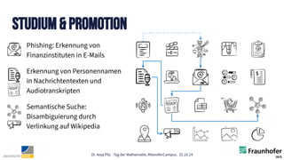 Dr. Anja Pilz - Tag der Mathematik, RheinAhrCampus. 25.10.24
Studium & PromotioN
Phishing: Erkennung von
Finanzinstituten in E-Mails
Erkennung von Personennamen
in Nachrichtentexten und
Audiotranskripten
Semantische Suche:
Disambiguierung durch
Verlinkung auf Wikipedia
 