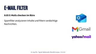 Dr. Anja Pilz - Tag der Mathematik, RheinAhrCampus. 25.10.24
8:05 E-Mails checken im Büro
Spamfilter analysieren Inhalte und filtern verdächtige
Nachrichten.
E-mail filter
 