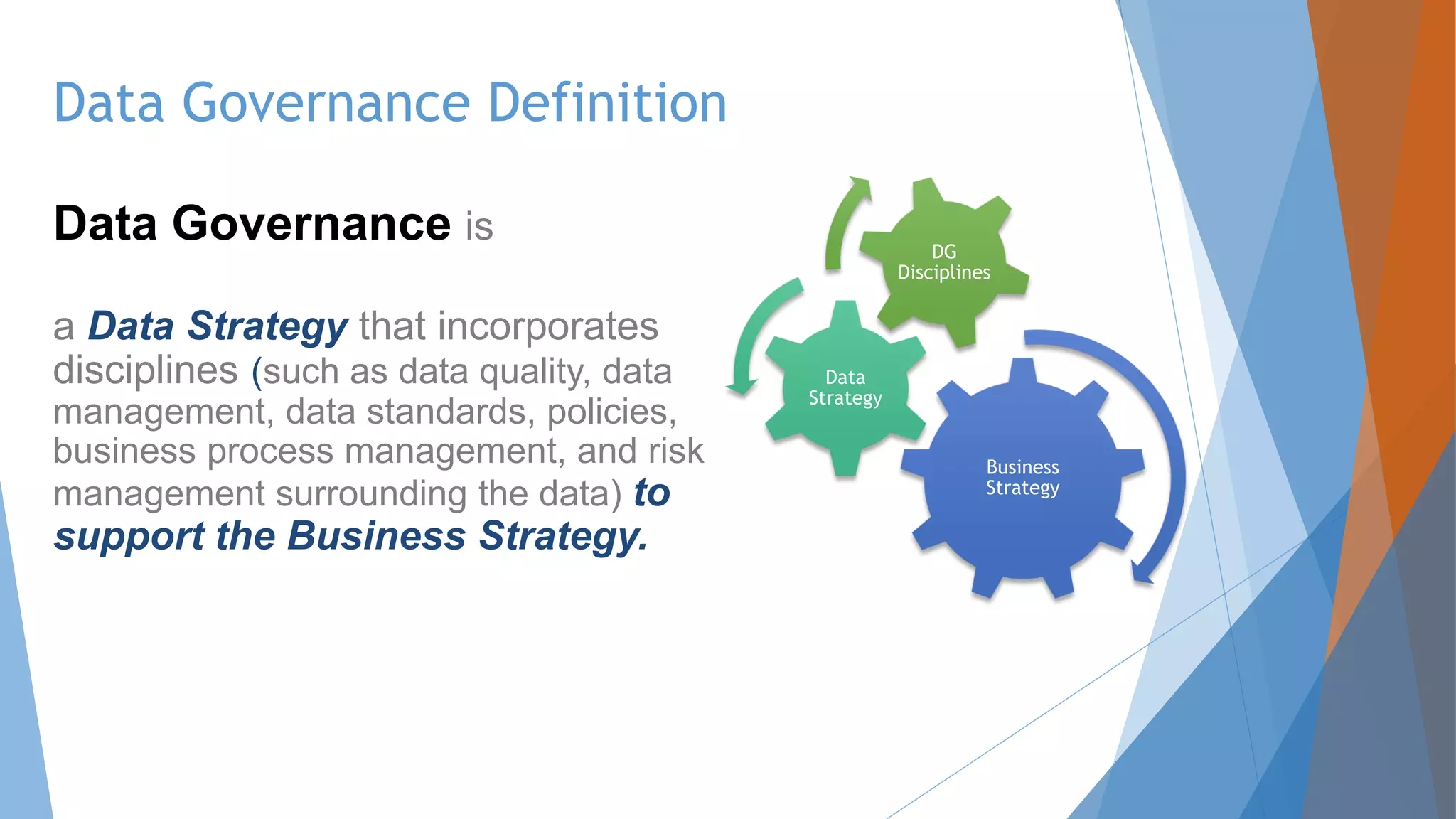 Data Governance is
a Data Strategy that incorporates
disciplines (such as data quality, data
management, data standards, policies,
business process management, and risk
management surrounding the data) to
support the Business Strategy.
Data Governance Definition
Business
Strategy
Data
Strategy
DG
Disciplines
 