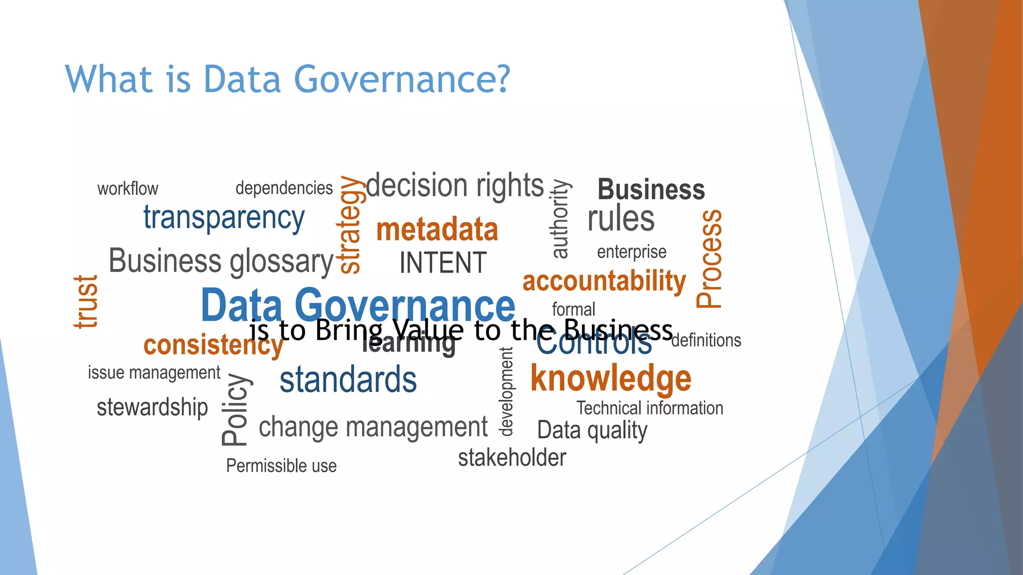 What is Data Governance?
Data Governance
accountability
standards
strategy
knowledge
consistency
metadata
development
INTENT
learning
Business glossary
Policy rules
Data quality
transparency
authority
change management
issue management
definitions
decision rightsdependencies
Technical information
enterprise
Process
Controls
Business
formal
stewardship
stakeholder
is to Bring Value to the Business
trust
Permissible use
workflow
 