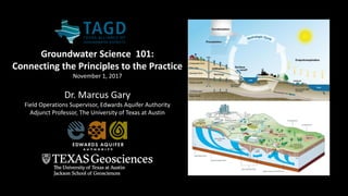 Groundwater Science 101:
Connecting the Principles to the Practice
November 1, 2017
Dr. Marcus Gary
Field Operations Supervisor, Edwards Aquifer Authority
Adjunct Professor, The University of Texas at Austin
 