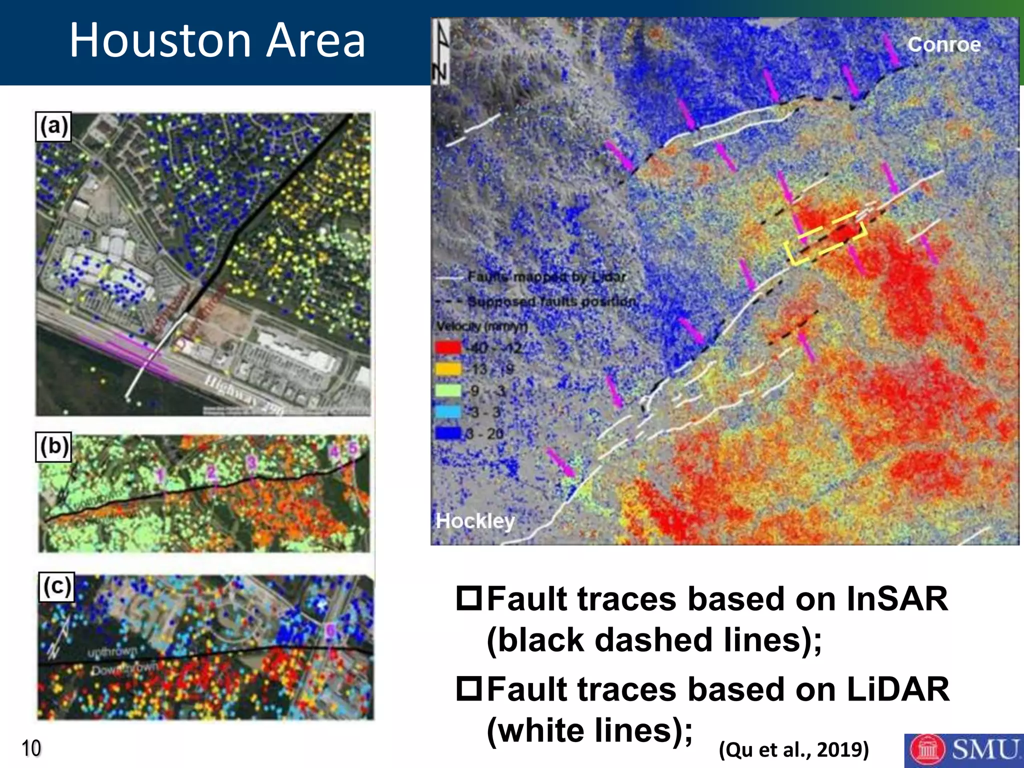 10
Houston Area
Fault traces based on InSAR
(black dashed lines);
Fault traces based on LiDAR
(white lines); (Qu et al., 2019)
 