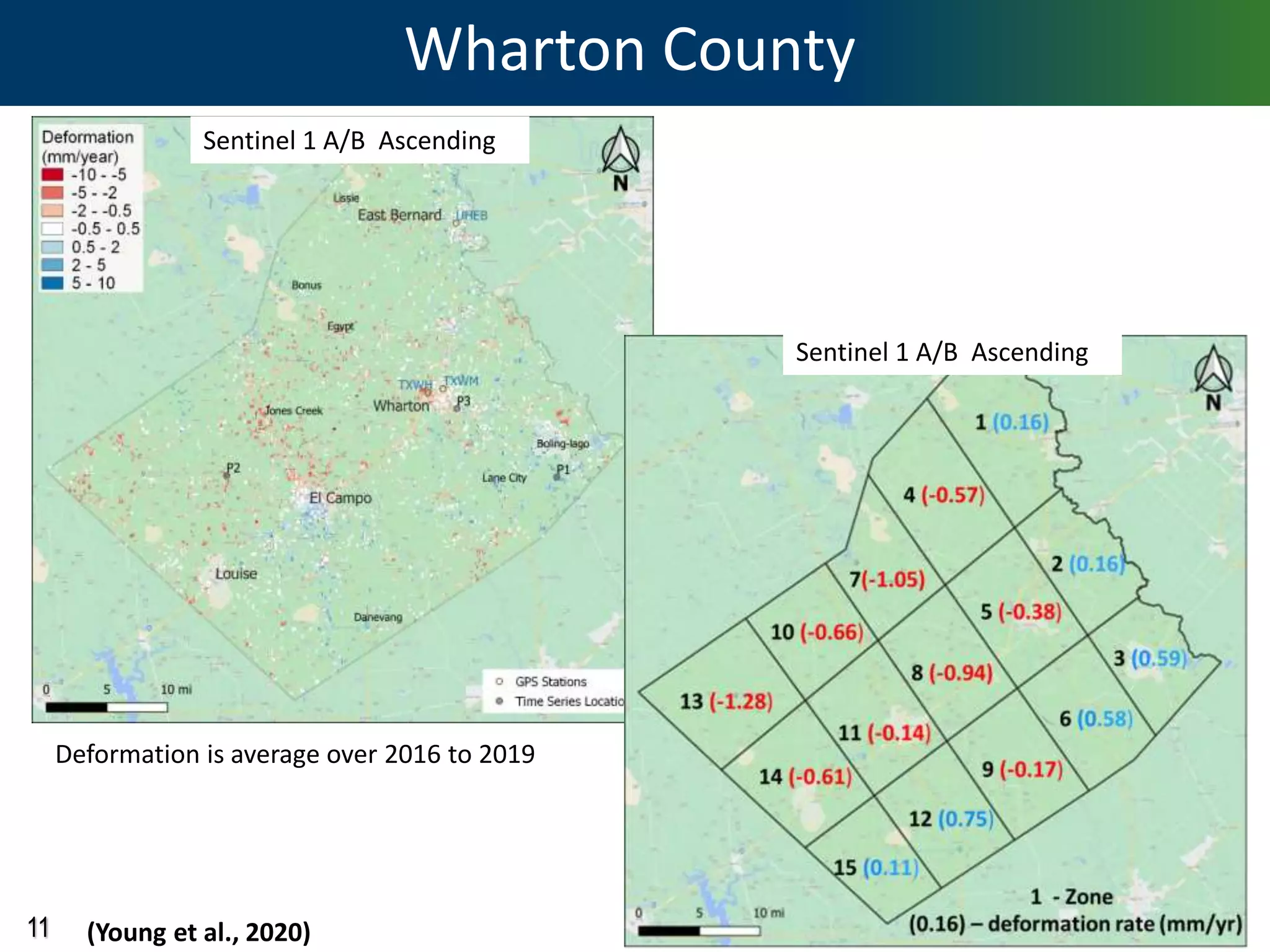11
Wharton County
(Young et al., 2020)
Deformation is average over 2016 to 2019
Sentinel 1 A/B Ascending
Sentinel 1 A/B Ascending
 
