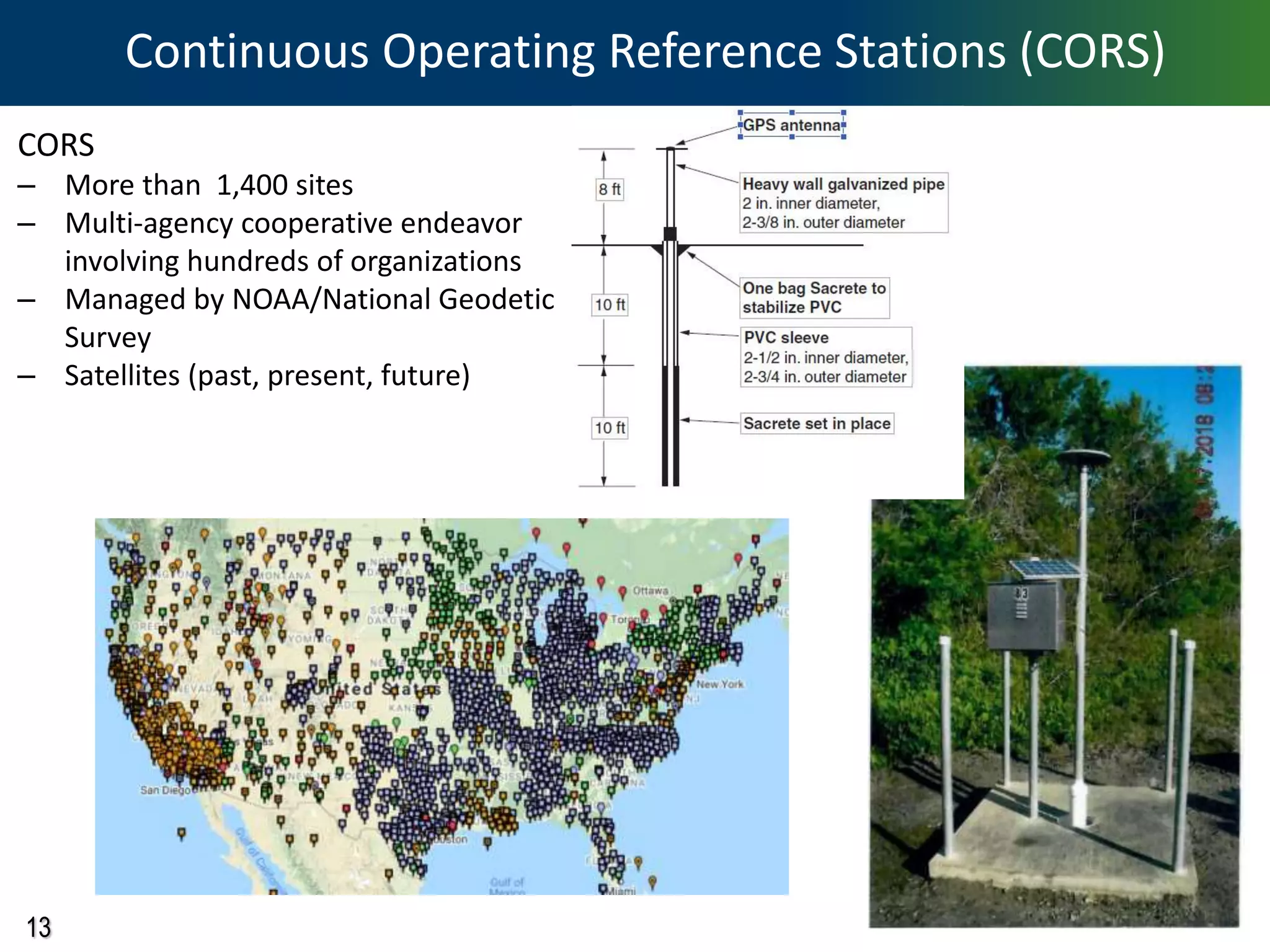 13
Continuous Operating Reference Stations (CORS)
CORS
– More than 1,400 sites
– Multi-agency cooperative endeavor
involving hundreds of organizations
– Managed by NOAA/National Geodetic
Survey
– Satellites (past, present, future)
 