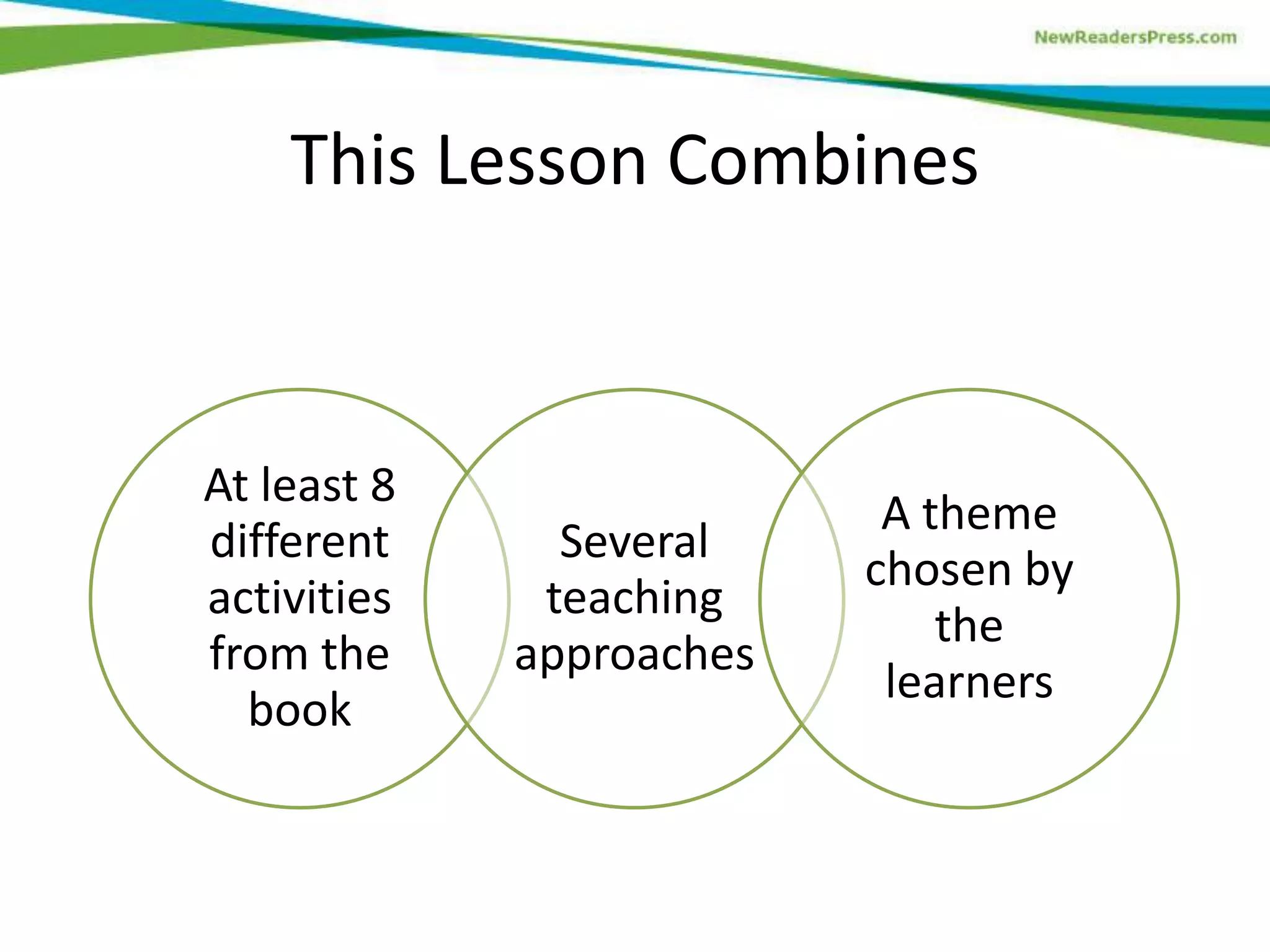 This Lesson Combines
At least 8
different
activities
from the
book
Several
teaching
approaches
A theme
chosen by
the
learners
 