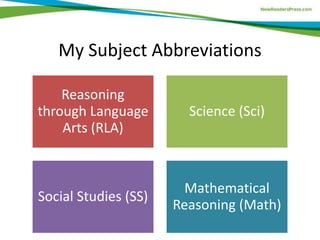 My Subject Abbreviations 
Reasoning 
through Language 
Arts (RLA) 
Science (Sci) 
Social Studies (SS) 
Mathematical 
Reasoning (Math) 
 