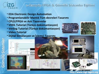 EDA Electronic Design Automation  Programlanabilir Mantık Tüm devreleri Tasarımı CPLD/FPGA ve Asic Tasarımlar VHDL Tutorial (Türkçe dokümantasyon) Verilog Tutorial (Türkçe dokümantasyon) Video Tutorial Dijital Simülasyon ve İşlemci Tasarımı 