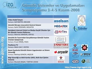 Video Hedef İzleyici Sunucu: Adil BAKTIR, ASELSAN Gömülü Nitrojen Jeneratörü Kontrol Sistemi Sunucu: Nahit ÖZDEMİR, MEGATEK Genişbant Internet Erişimi ve Medya Geçidi Cihazları İçin Bir Gömülü Yazılım Platformu Sunucu: Mehmet ARIKKAN, AIRTIES Simulink ile Tasarımdan Gerçeklemeye Gömülü Yazılım Ürünleri Geliştirmek Sunucu: Ercan ERMİŞ, FİGES Pixellence TV Sunucu: Metin SALT, VESTEK  Beyaz Eşyalarda Gömülü Sistem Uygulamaları ve Sistem Güvenliği Sunucu: Mehtap GENCER, ARÇELİK  Bilgi Güvenliği ve Akıllı Kartlar (AKiS, Akıllı Kart İşletim Sistemi) Sunucu: Mustafa BAŞAK, TÜBİTAK-UEKAE  