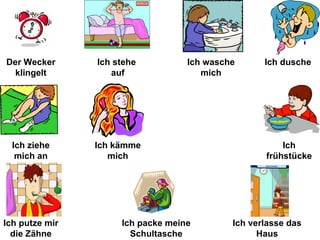 Der Wecker klingelt Ich stehe  auf Ich wasche mich Ich dusche  Ich ziehe mich an Ich kämme mich Ich frühstücke Ich putze mir die Zähne Ich packe meine Schultasche Ich verlasse das Haus 