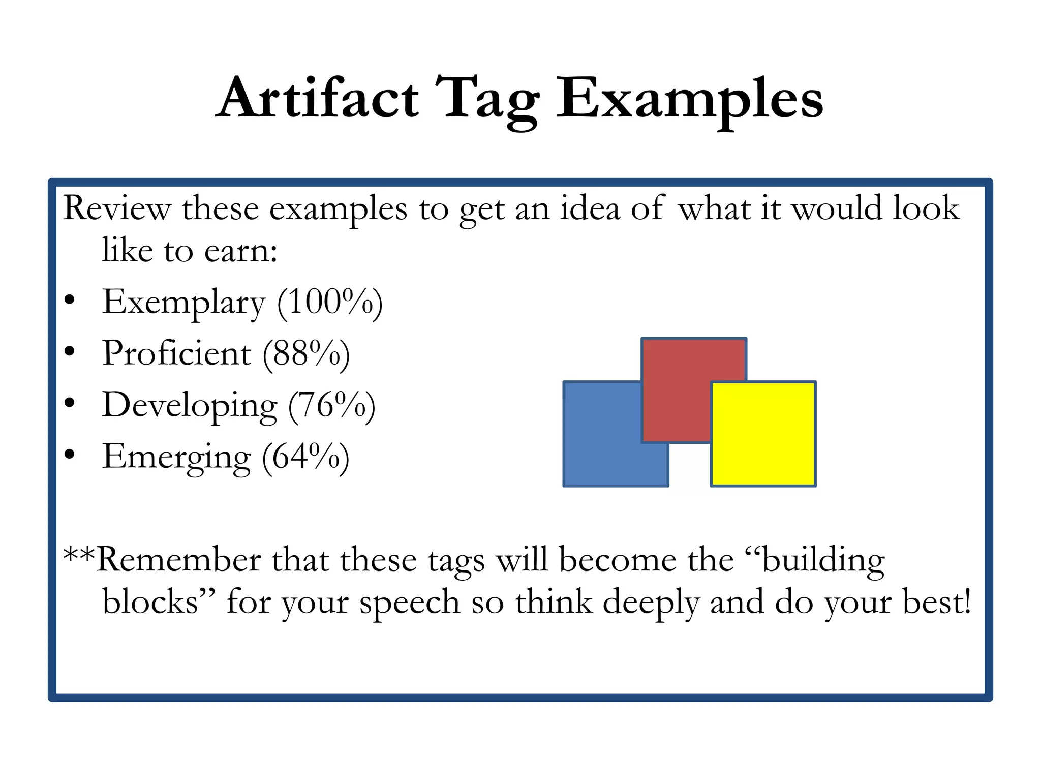 Artifact Tag Examples
Review these examples to get an idea of what it would look
  like to earn:
• Exemplary (100%)
• Proficient (88%)
• Developing (76%)
• Emerging (64%)

**Remember that these tags will become the “building
  blocks” for your speech so think deeply and do your best!
 