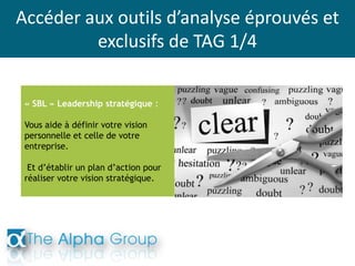Accéder aux outils d’analyse éprouvés et
exclusifs de TAG 1/4
« SBL » Leadership stratégique :
Vous aide à définir votre vision
personnelle et celle de votre
entreprise.
Et d’établir un plan d’action pour
réaliser votre vision stratégique.
 