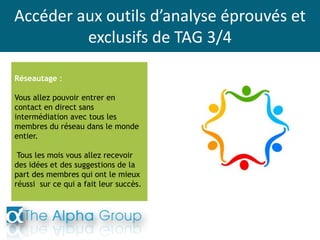 Accéder aux outils d’analyse éprouvés et
exclusifs de TAG 3/4
Réseautage :
Vous allez pouvoir entrer en
contact en direct sans
intermédiation avec tous les
membres du réseau dans le monde
entier.
Tous les mois vous allez recevoir
des idées et des suggestions de la
part des membres qui ont le mieux
réussi sur ce qui a fait leur succès.
 