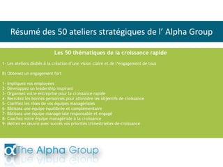 Résumé des 50 ateliers stratégiques de l’ Alpha Group
Les 50 thématiques de la croissance rapide
1- Les ateliers dédiés à ...