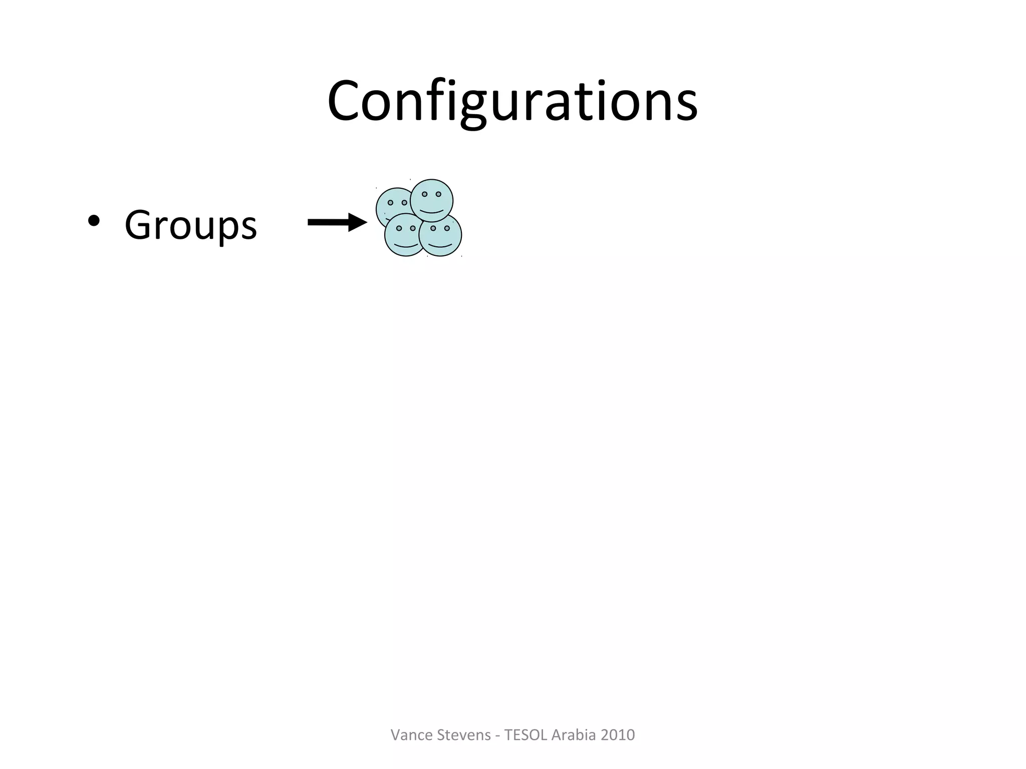 Configurations
• Groups




             Vance Stevens - TESOL Arabia 2010
 