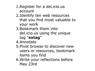 Register for a del.icio.us account Identify ten web resources that you find most valuable to your work Bookmark them into del.icio.us using the unique tag “ extag ” Annotate  Pivot browse to discover new users or resources, bookmark items you find Write your reflections before May 23rd 