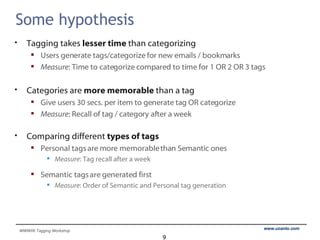 Some hypothesis Tagging takes  lesser time  than categorizing Users generate tags/categorize for new emails / bookmarks Measure : Time to categorize compared to time for 1 OR 2 OR 3 tags Categories are  more memorable  than a tag Give users 30 secs. per item to generate tag OR categorize Measure : Recall of tag / category after a week Comparing different  types of tags Personal tags are more memorable than Semantic ones Measure : Tag recall after a week Semantic tags are generated first Measure : Order of Semantic and Personal tag generation 