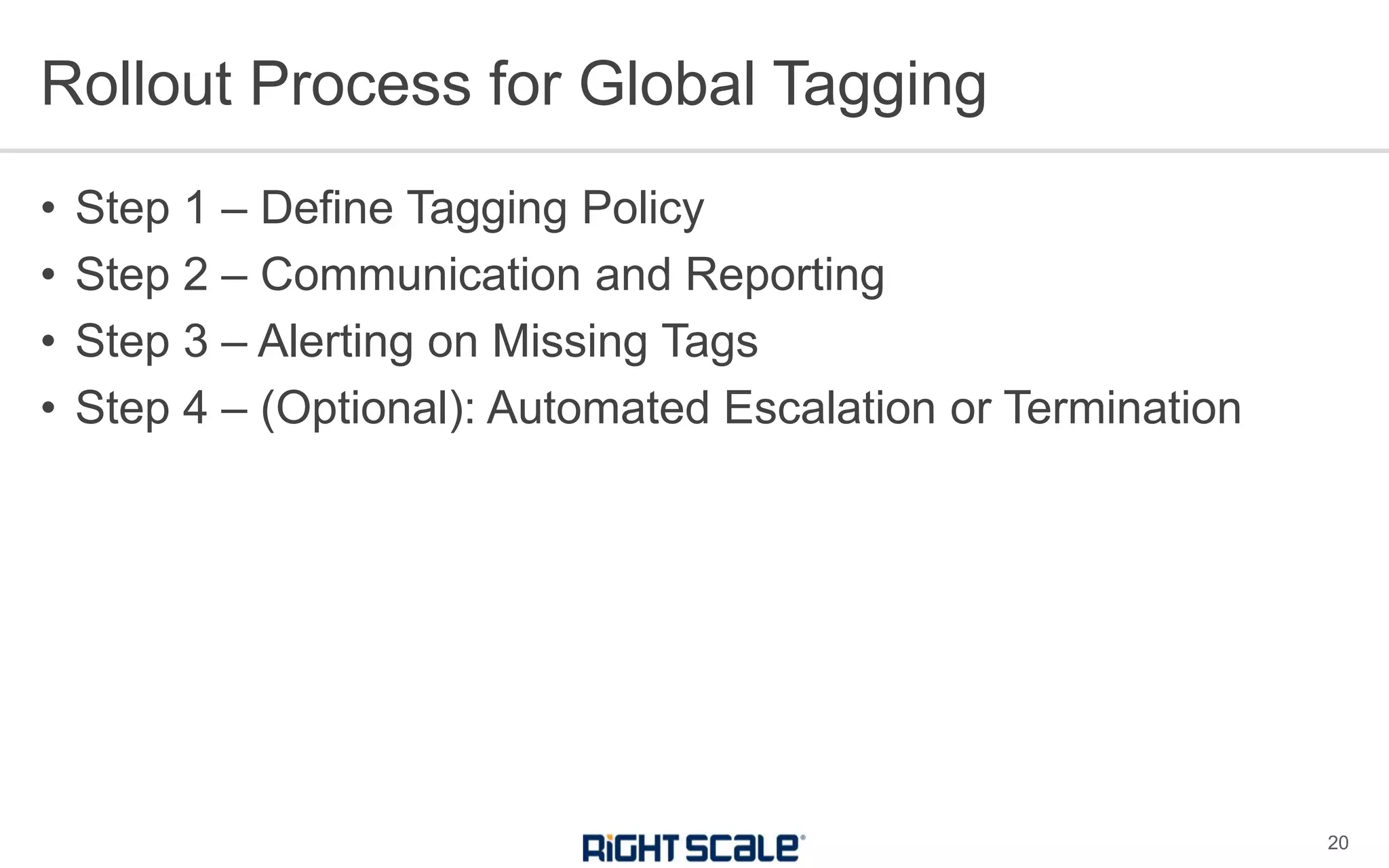 Rollout Process for Global Tagging
20
• Step 1 – Define Tagging Policy
• Step 2 – Communication and Reporting
• Step 3 – Alerting on Missing Tags
• Step 4 – (Optional): Automated Escalation or Termination
 