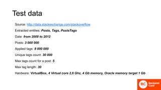 Test data
Source: http://data.stackexchange.com/stackoverflow
Extracted entities: Posts, Tags, PostsTags
Date: from 2008 to 2012
Posts: 3 000 000
Applied tags: 8 000 000
Unique tags count: 30 000
Max tags count for a post: 5
Max tag length: 30
Hardware: VirtualBox, 4 Virtual core 2,6 Ghz, 4 Gb memory, Oracle memory target 1 Gb
 