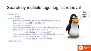 Search by multiple tags, tag list retrieval
Too
much
SQL
 