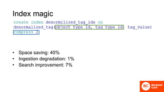 Index magic
• Space saving: 40%
• Ingestion degradation: 1%
• Search improvement: 7%
 