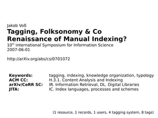 [object Object],[object Object],[object Object],[object Object],Jakob Voß Tagging, Folksonomy & Co Renaissance of Manual Indexing? 10 th  international Symposium for Information Science 2007-06-01 http://arXiv.org/abs/cs/0701072 (1 resource, 1 records, 1 users, 4 tagging system, 8 tags) 
