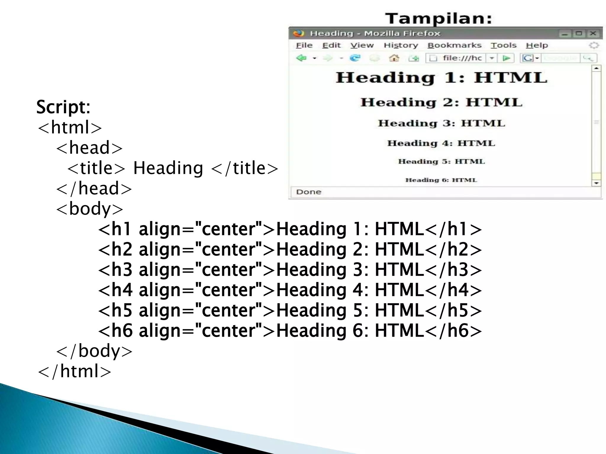 Script:
<html>
<head>
<title> Heading </title>
</head>
<body>
<h1 align="center">Heading 1: HTML</h1>
<h2 align="center">Heading 2: HTML</h2>
<h3 align="center">Heading 3: HTML</h3>
<h4 align="center">Heading 4: HTML</h4>
<h5 align="center">Heading 5: HTML</h5>
<h6 align="center">Heading 6: HTML</h6>
</body>
</html>
 
