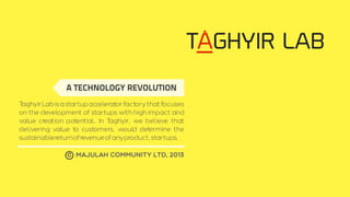 TAGHYIR LAB
A TECHNOLOGY REVOLUTION
T
aghyir Lab is a startup accelerator factory that focuses
on the development of startups with high impact and
value creation potential. In T
aghyir, we believe that
delivering value to customers, would determine the
sustainable return of revenue of any product, startups.
C

Majulah Community LTD, 2013

 