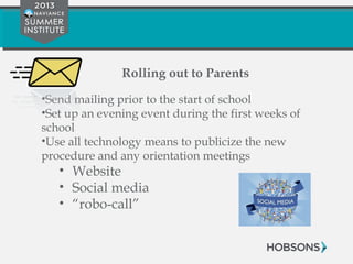 Rolling out to Parents
•Send mailing prior to the start of school
•Set up an evening event during the first weeks of
school
•Use all technology means to publicize the new
procedure and any orientation meetings
• Website
• Social media
• “robo-call”
 