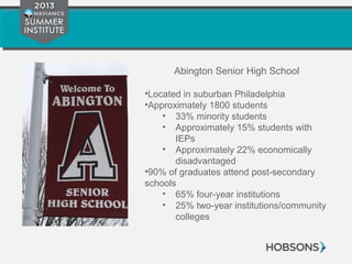 Abington Senior High School
•Located in suburban Philadelphia
•Approximately 1800 students
• 33% minority students
• Approximately 15% students with
IEPs
• Approximately 22% economically
disadvantaged
•90% of graduates attend post-secondary
schools
• 65% four-year institutions
• 25% two-year institutions/community
colleges
 