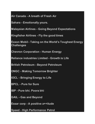 Air Canada - A breath of Fresh Air
Sahara - Emotionally yours.
Malaysian Airlines - Going Beyond Expectations
Kingfisher Airlines - Fly the good times
Exxon Mobil - Taking on the World’s Toughest Energy
Challenges
Chevron Corporation - Human Energy
Reliance industries Limited - Growth is Life
British Petroleum - Beyond Petroleum
ONGC - Making Tomorrow Brighter
IOCL - Bringing Energy to Life
BPCL - Pure for Sure
IBP - Pure bhi. Poora bhi
GAIL - Gas and Beyond
Essar corp - A positive a++itude
Speed - High Performance Petrol
 