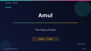 ROUND 05 • ANSWER
CA SUVIDHA CHAPLOT 12 / 62
ANSWER
Amul
“The Taste of India”
CORRECT • +1 POINT
Next round →
 