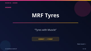 ROUND 06 • ANSWER
CA SUVIDHA CHAPLOT 14 / 62
ANSWER
MRF Tyres
“Tyres with Muscle”
CORRECT • +1 POINT
Next round →
 