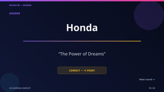 ROUND 08 • ANSWER
CA SUVIDHA CHAPLOT 18 / 62
ANSWER
Honda
“The Power of Dreams”
CORRECT • +1 POINT
Next round →
 