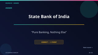 ROUND 09 • ANSWER
CA SUVIDHA CHAPLOT 20 / 62
ANSWER
State Bank of India
“Pure Banking, Nothing Else”
CORRECT • +1 POINT
Next round →
 