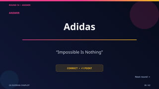 ROUND 14 • ANSWER
CA SUVIDHA CHAPLOT 30 / 62
ANSWER
Adidas
“Impossible Is Nothing”
CORRECT • +1 POINT
Next round →
 