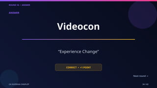 ROUND 16 • ANSWER
CA SUVIDHA CHAPLOT 34 / 62
ANSWER
Videocon
“Experience Change”
CORRECT • +1 POINT
Next round →
 
