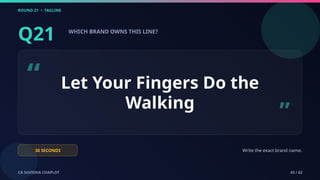 ROUND 21 • TAGLINE
CA SUVIDHA CHAPLOT 43 / 62
Q21 WHICH BRAND OWNS THIS LINE?
“ Let Your Fingers Do the
Walking
”
30 SECONDS Write the exact brand name.
 