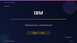 ROUND 28 • ANSWER
CA SUVIDHA CHAPLOT 58 / 62
ANSWER
IBM
“Solutions for a Small Planet”
CORRECT • +1 POINT
Next round →
 